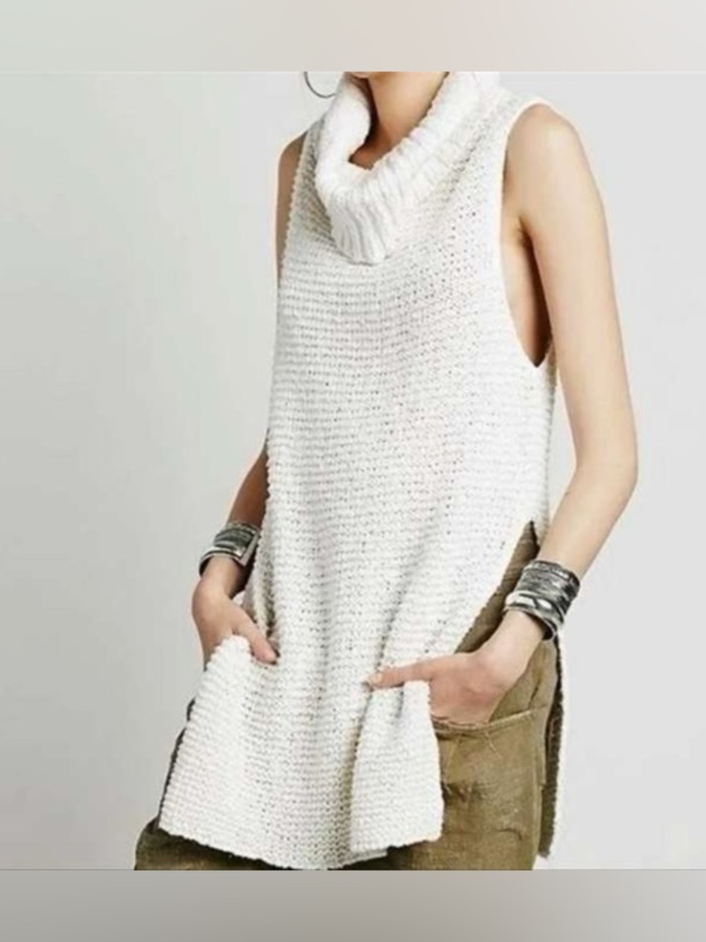 FREE PEOPLE White Horses Ivory Sleeveless Turtleneck Tunic Sweater